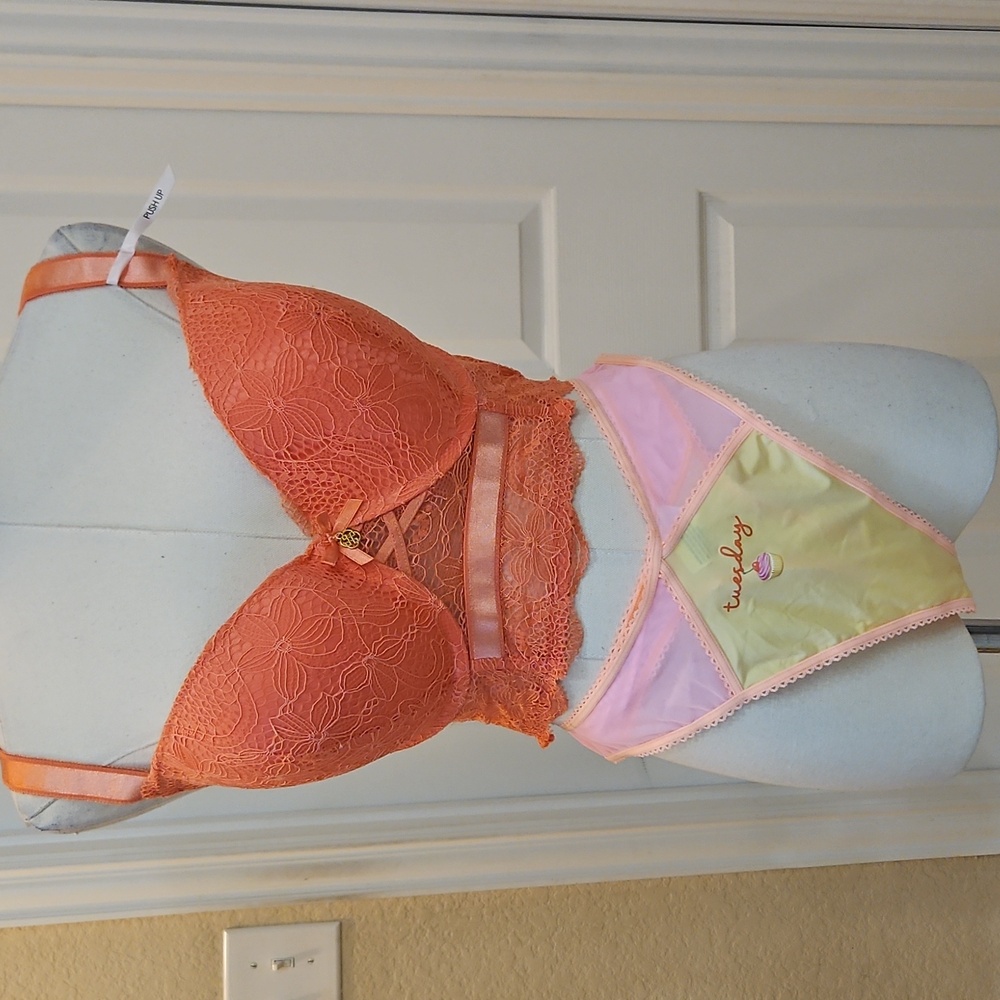 Set Bra and Panty- Daisy Fuentes Peach Lace Push Up Bra 40C and Thong Size L/XL